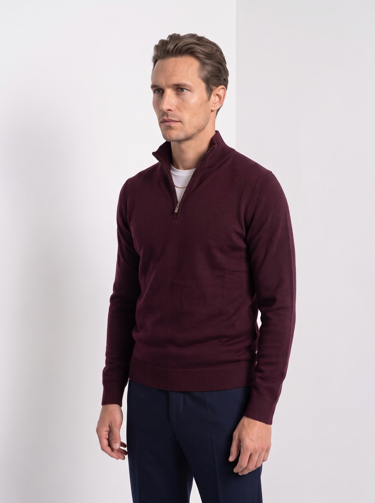 Men's quarter zip sweater in burgundy