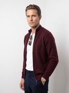 Men's wool full zip cardigan in burgundy