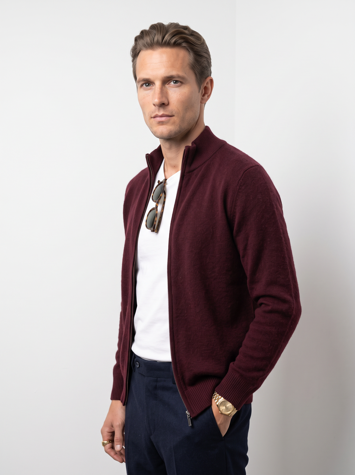 Men's wool full zip cardigan in burgundy