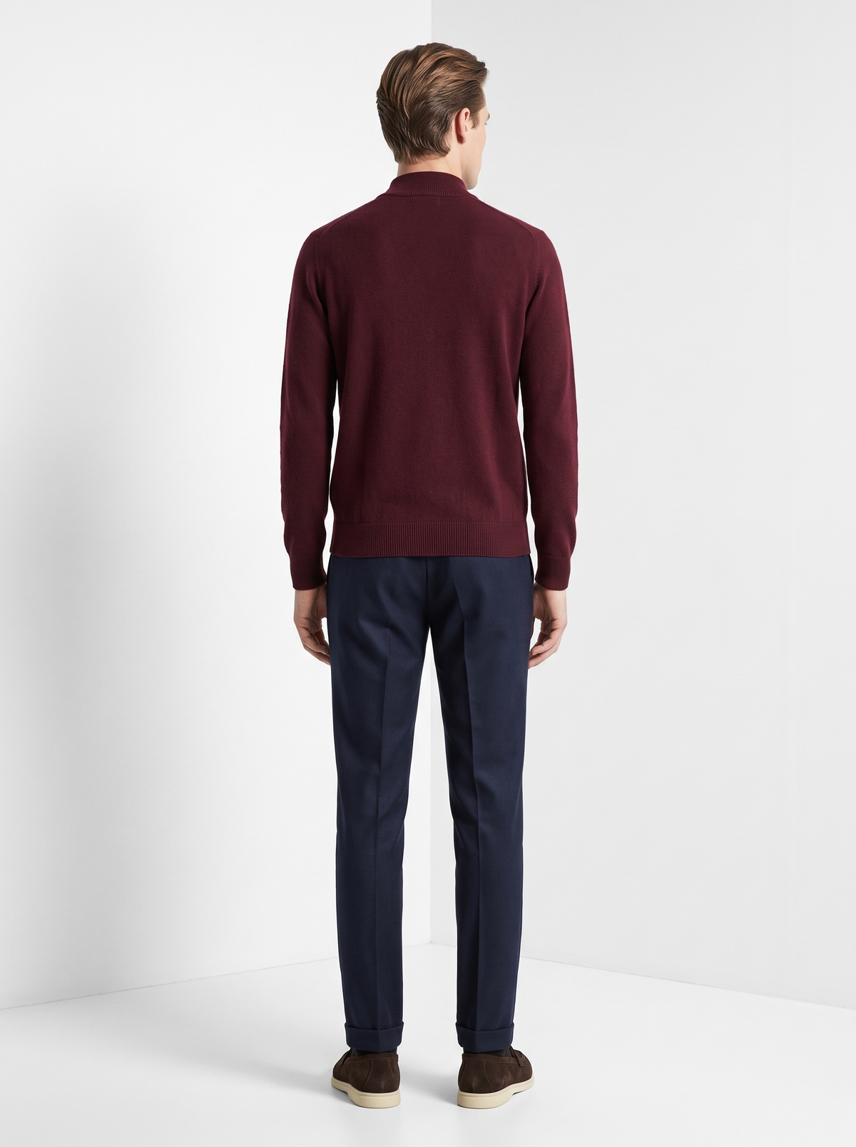 Men's wool full zip cardigan in burgundy