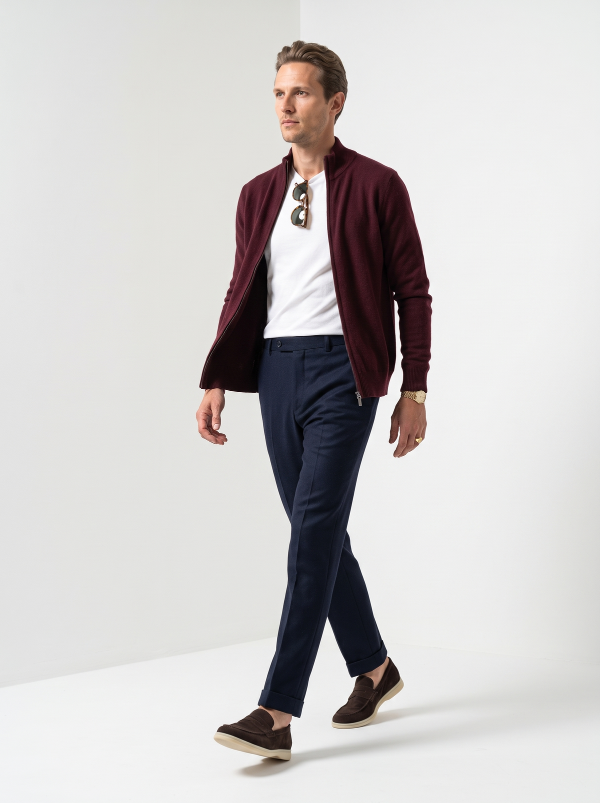 Men's wool full zip cardigan in burgundy