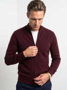 Men's wool full zip cardigan in burgundy
