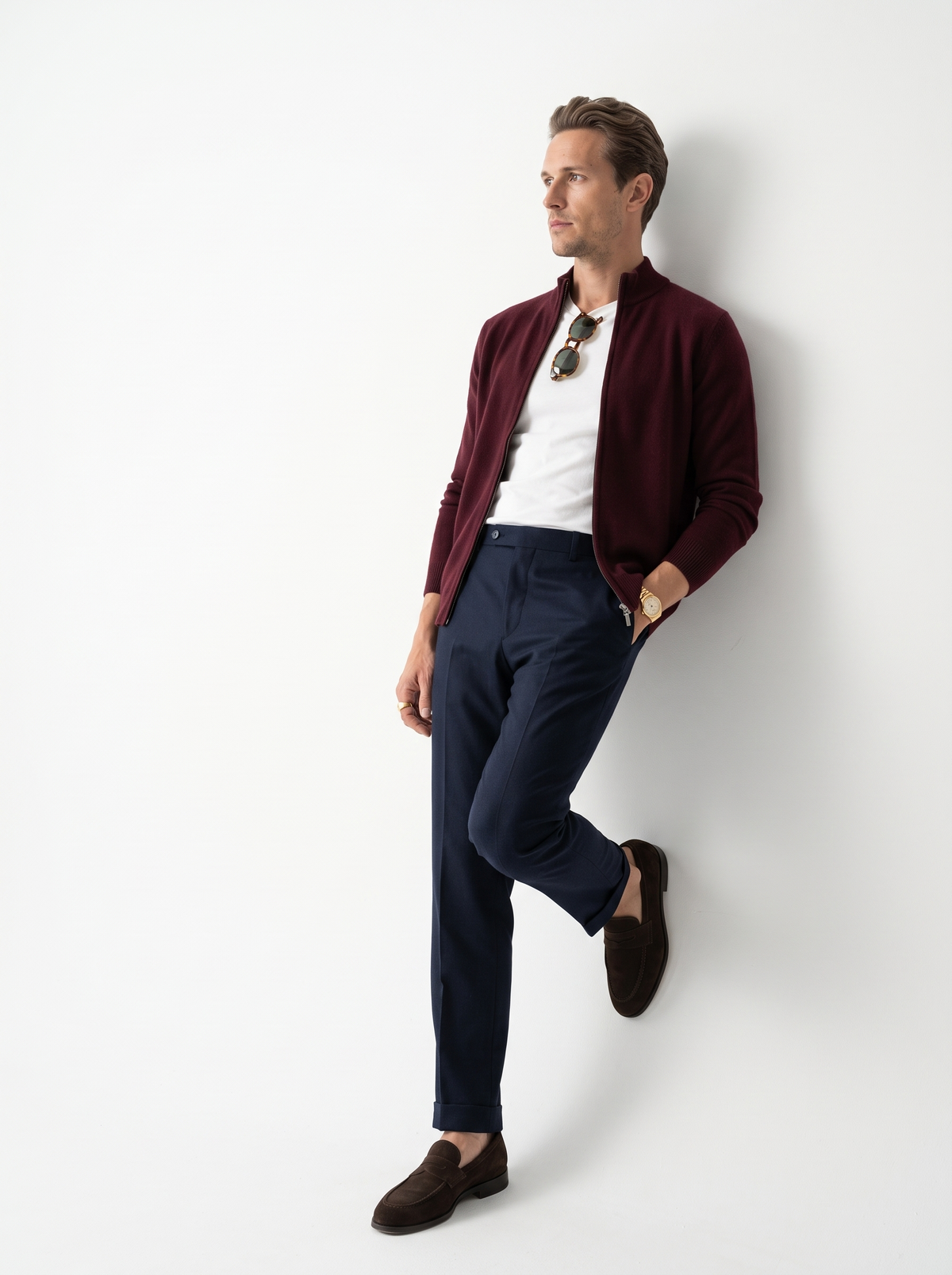 Men's wool full zip cardigan in burgundy