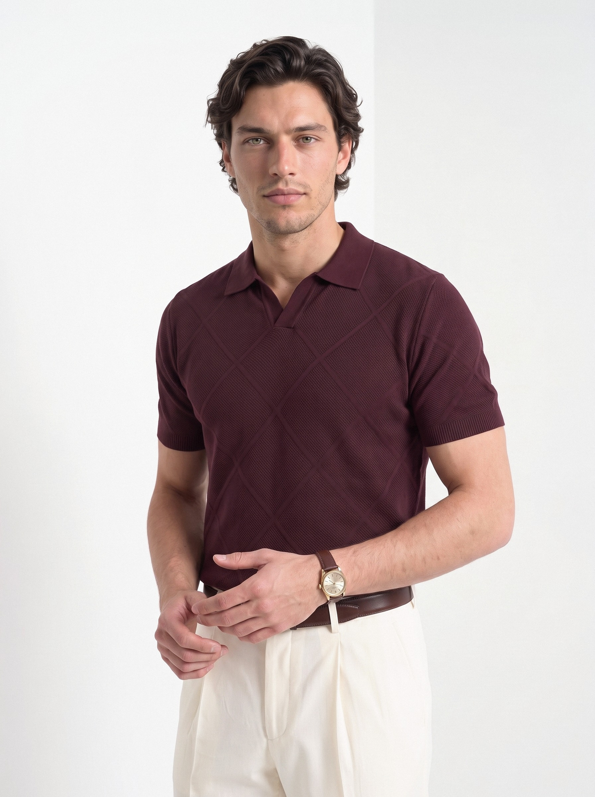 Men's cotton knitted polo shirt in burgundy