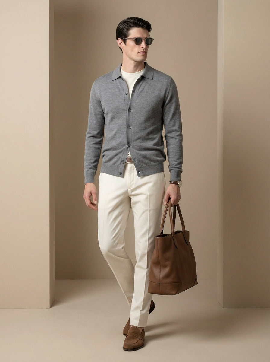 Man wearing a gray cardigan, white shirt, beige pants, and brown shoes, holding a brown leather bag against a beige background.