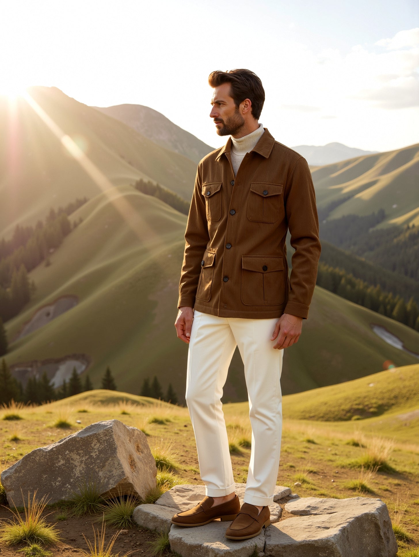 Man in a brown jacket and white pants standing on a mountain with a scenic view.
