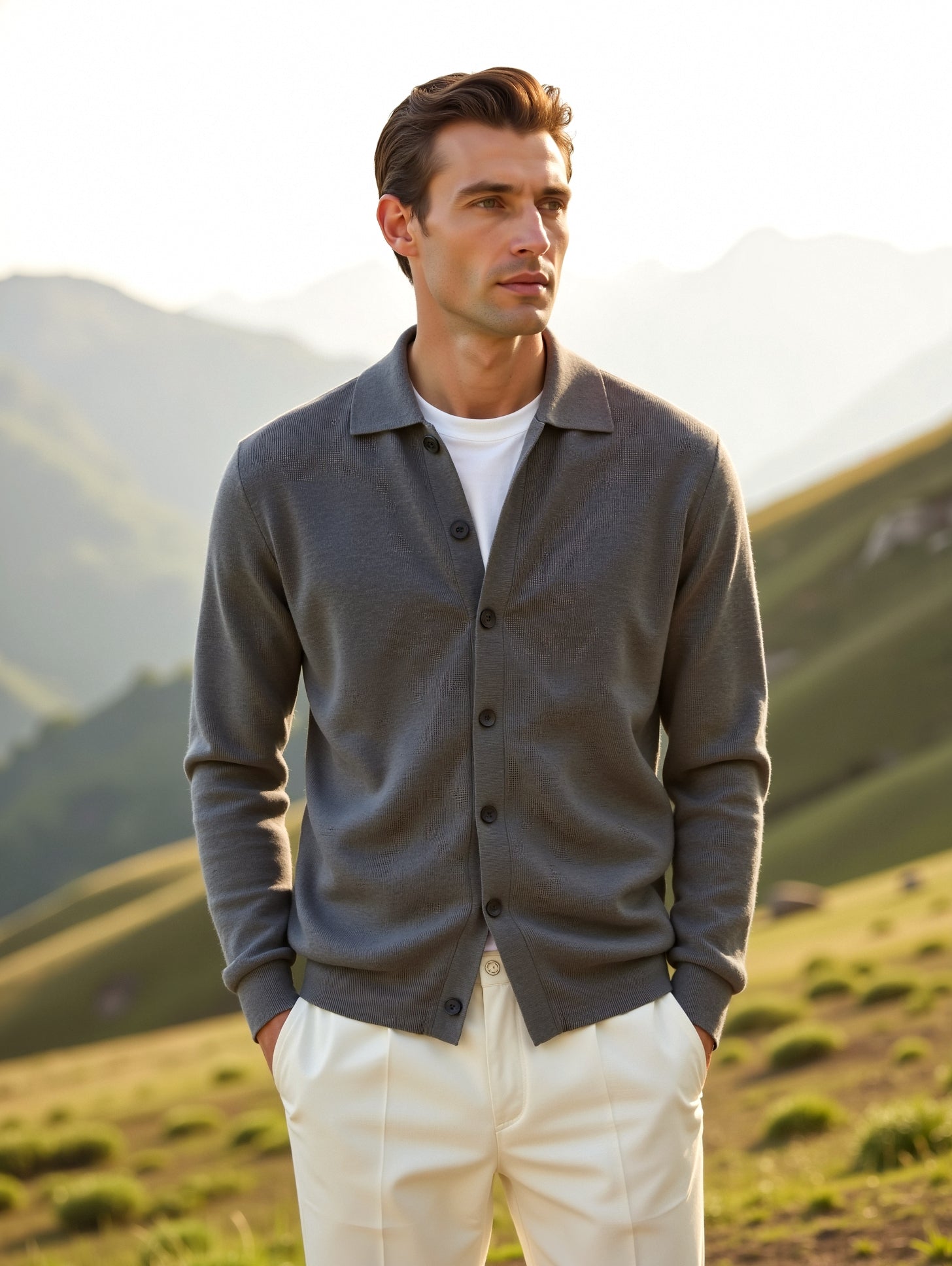 Man wearing a gray cardigan over a white shirt in a mountainous landscape