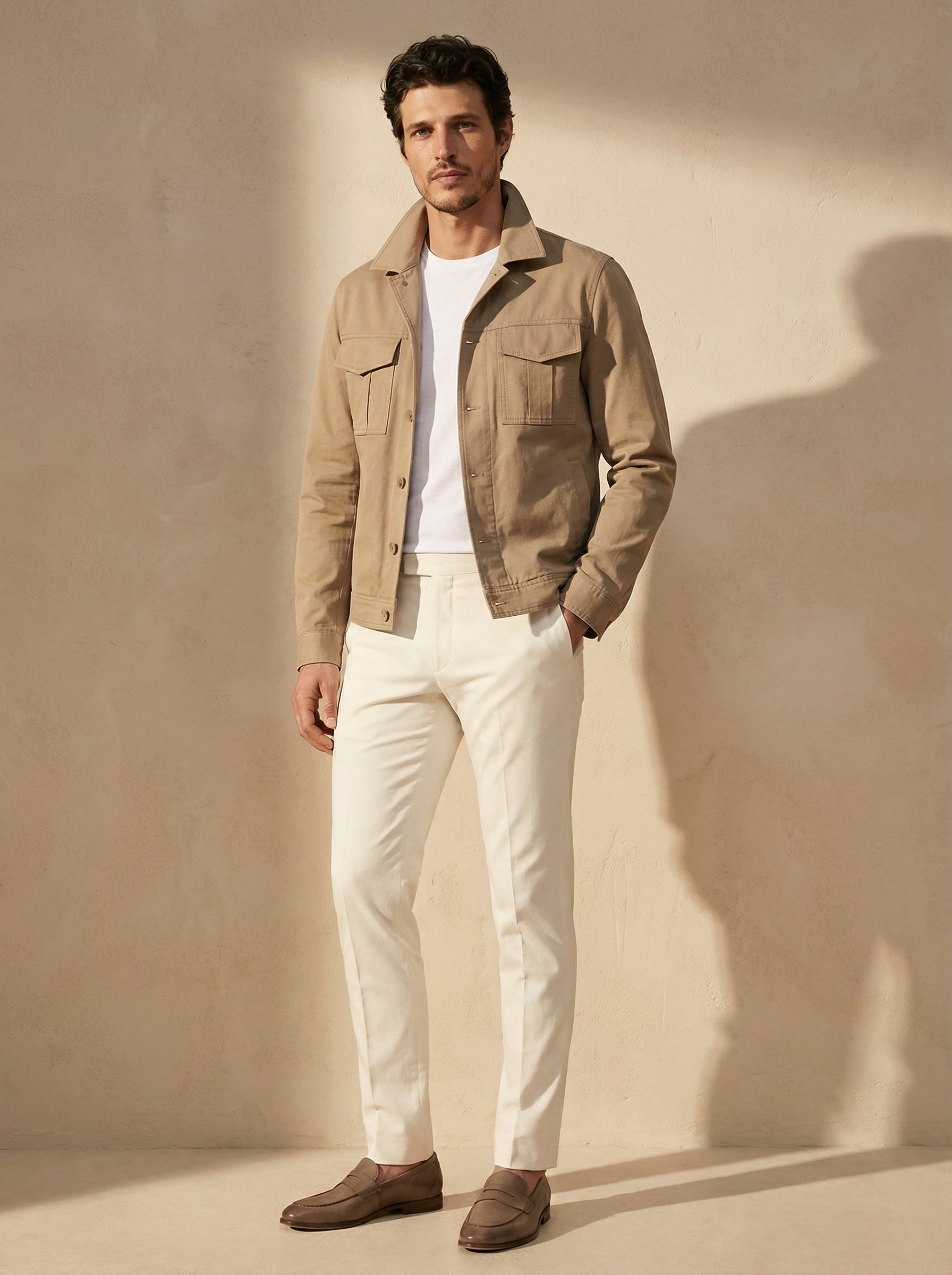 Man wearing a beige jacket, white shirt, and white pants against a beige wall.
