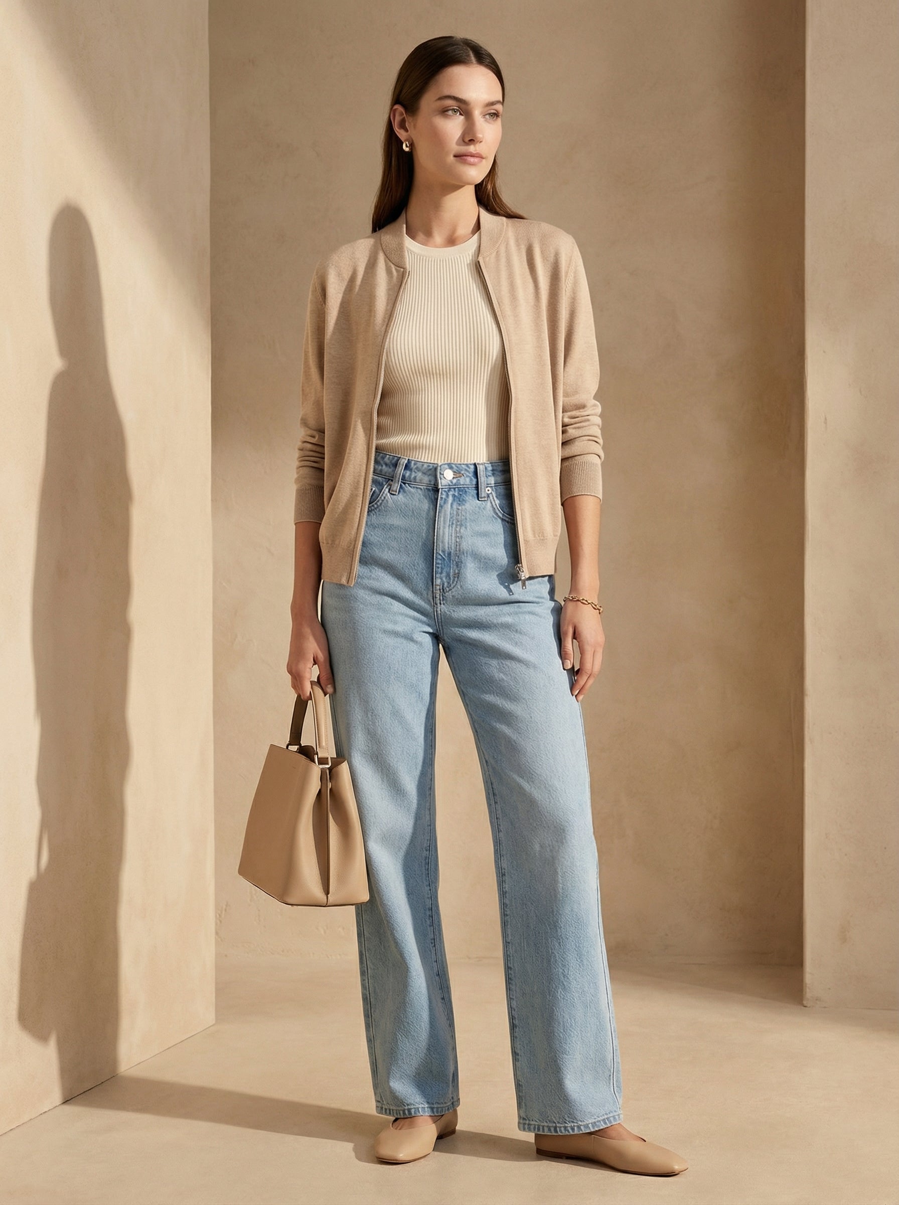 Woman wearing a beige cardigan, beige top, and blue jeans against a beige wall.