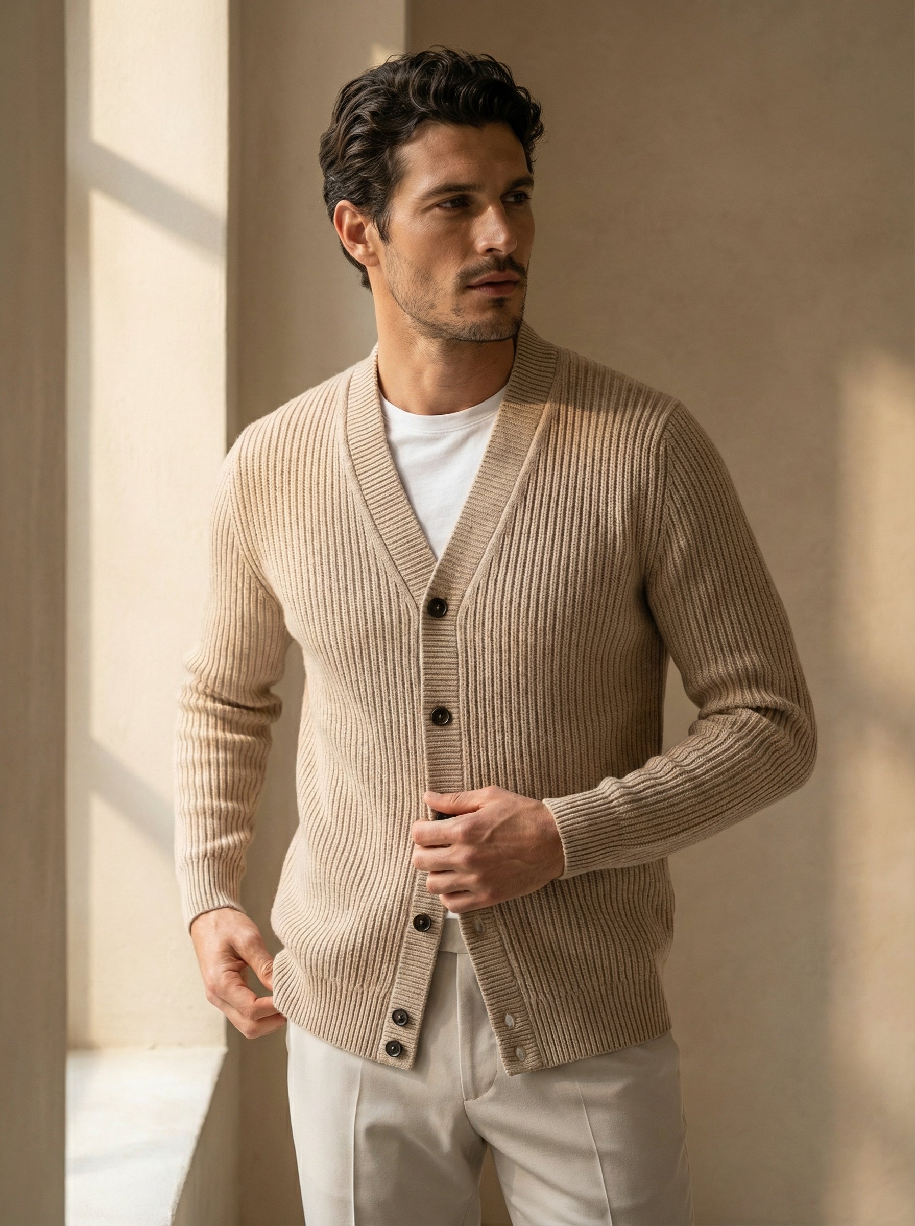 Man wearing a beige cardigan over a white shirt in a softly lit room.