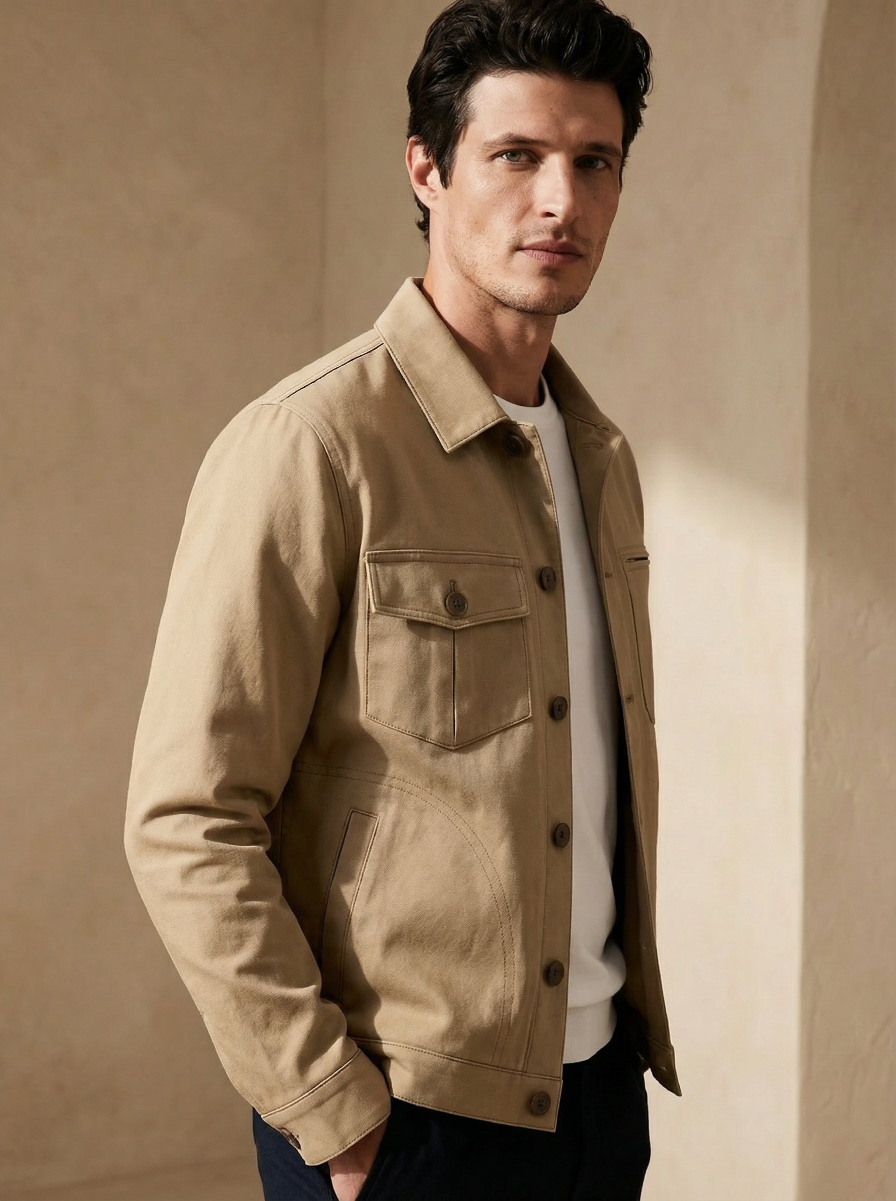 Man wearing a beige jacket against a beige wall