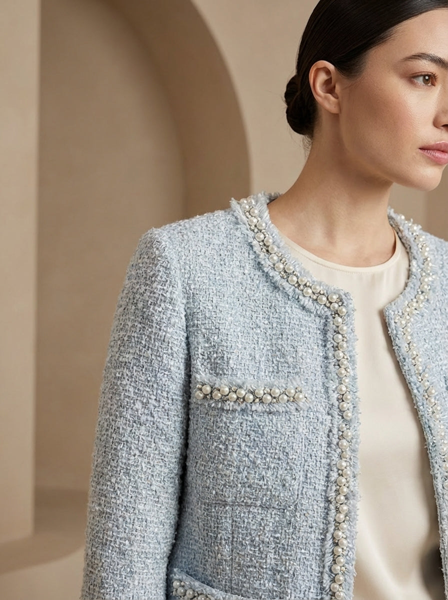 Woman wearing a light blue textured jacket with pearl embellishments in an indoor setting.