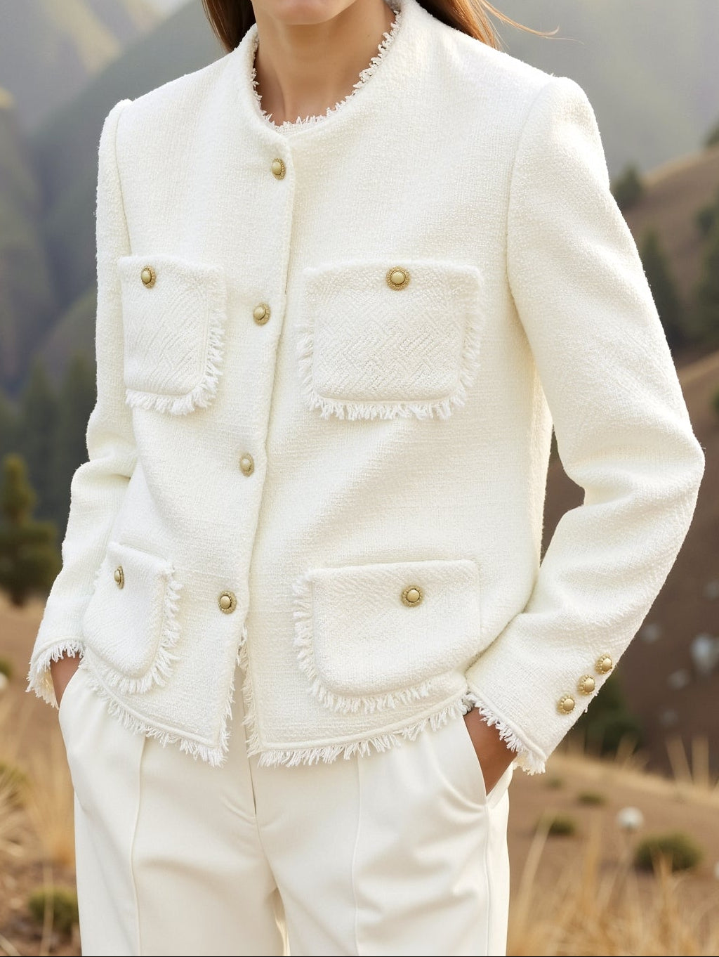 Woman in a white outfit with gold buttons standing in a mountainous landscape
