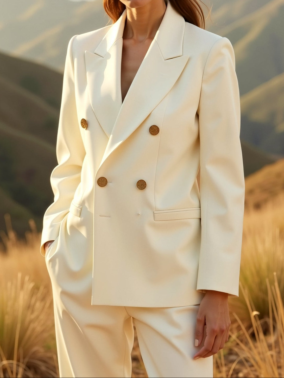 Woman in a cream suit standing in a scenic outdoor setting with mountains.