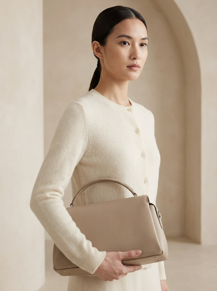 Woman holding a beige handbag against a neutral background