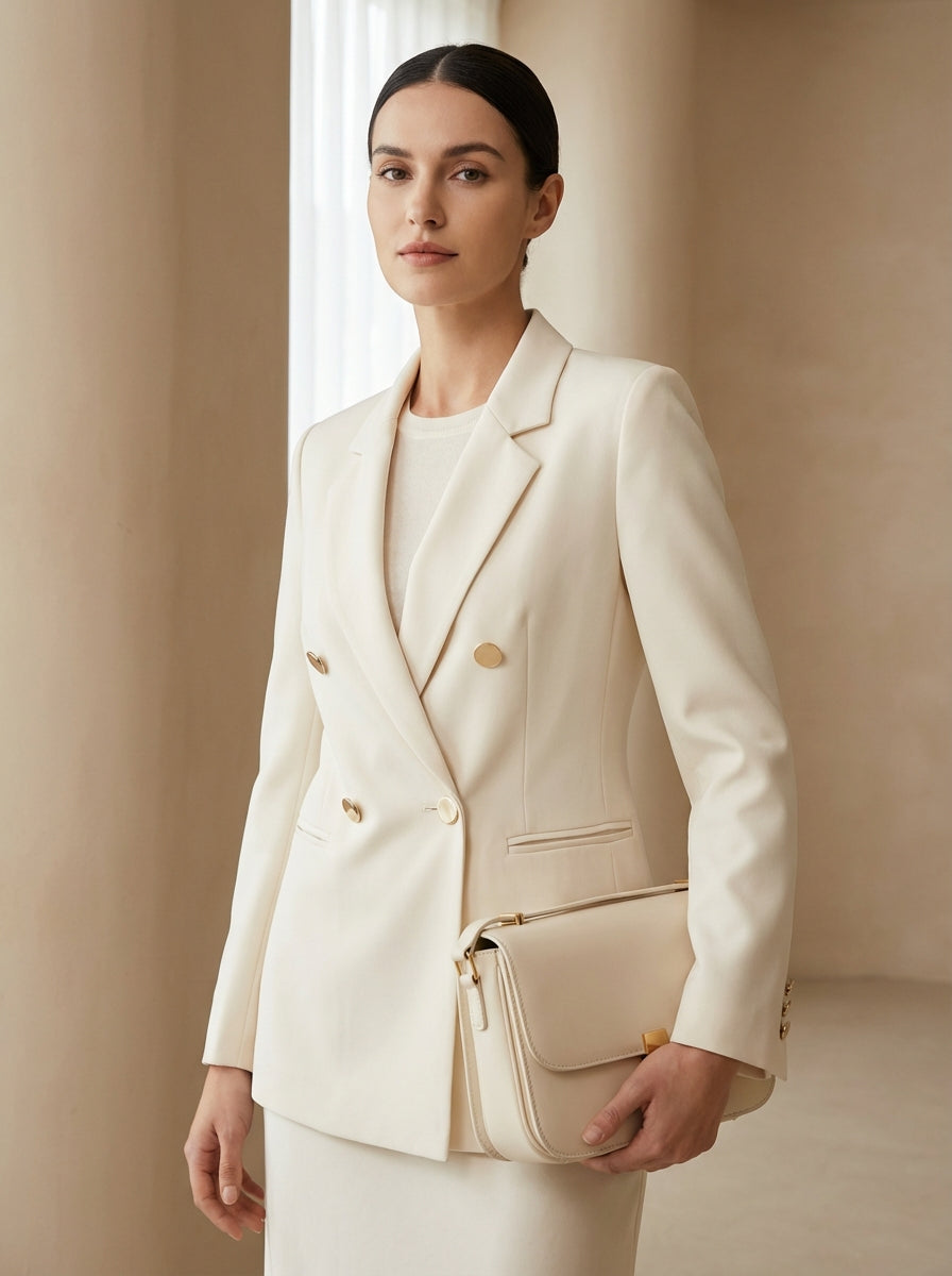 Woman wearing a cream blazer and holding a matching handbag against a neutral background