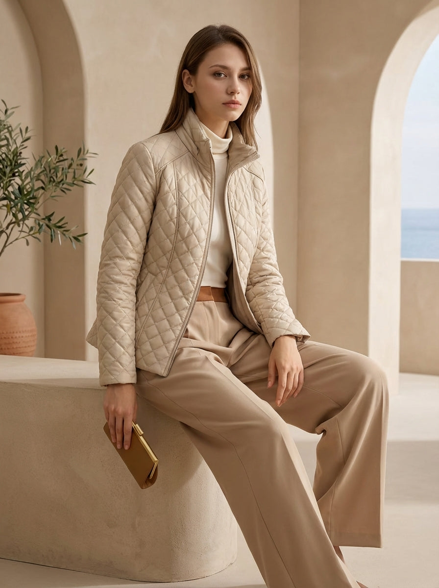 Woman in beige quilted jacket and pants sitting in a sunlit room with plants.