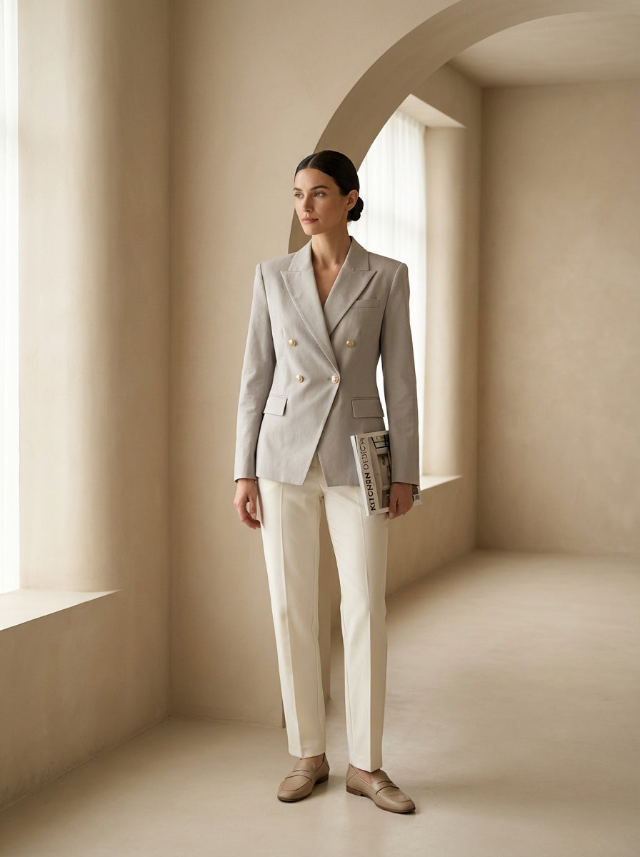 Woman in a gray blazer and white pants standing in a softly lit room.