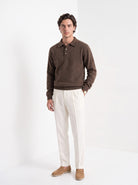 BLENIN men's brushed knit polo sweater in coffee, full-length front view