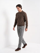 BLENIN men's brushed knit polo sweater in coffee, full outfit, walking