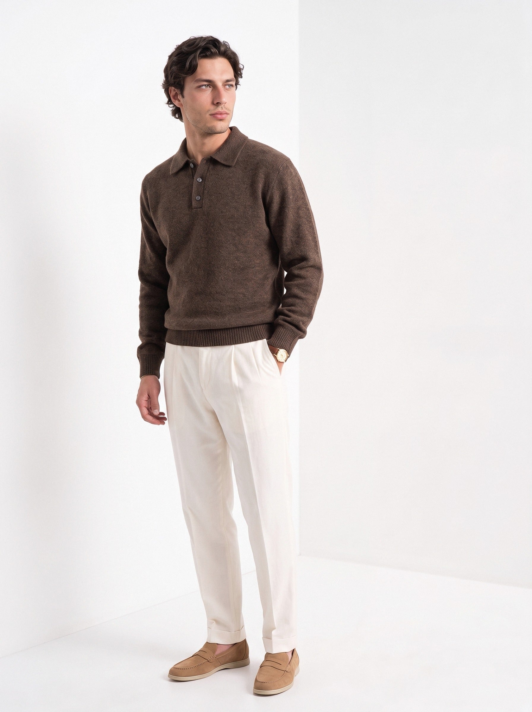 BLENIN men's brushed knit polo sweater in coffee, three-quarter view