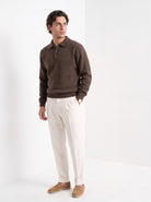 BLENIN men's brushed knit polo sweater in coffee, three-quarter view