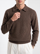 BLENIN men's brushed knit polo sweater in coffee, close-up of the details