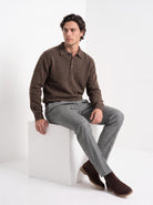 BLENIN men's brushed knit polo sweater in coffee, seated, full outfit