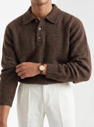 BLENIN men's brushed knit polo sweater in coffee, styled detail
