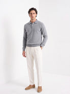BLENIN men's brushed knit polo sweater in light grey, full-length front view
