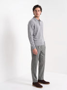 BLENIN men's brushed knit polo sweater in light grey, three-quarter view