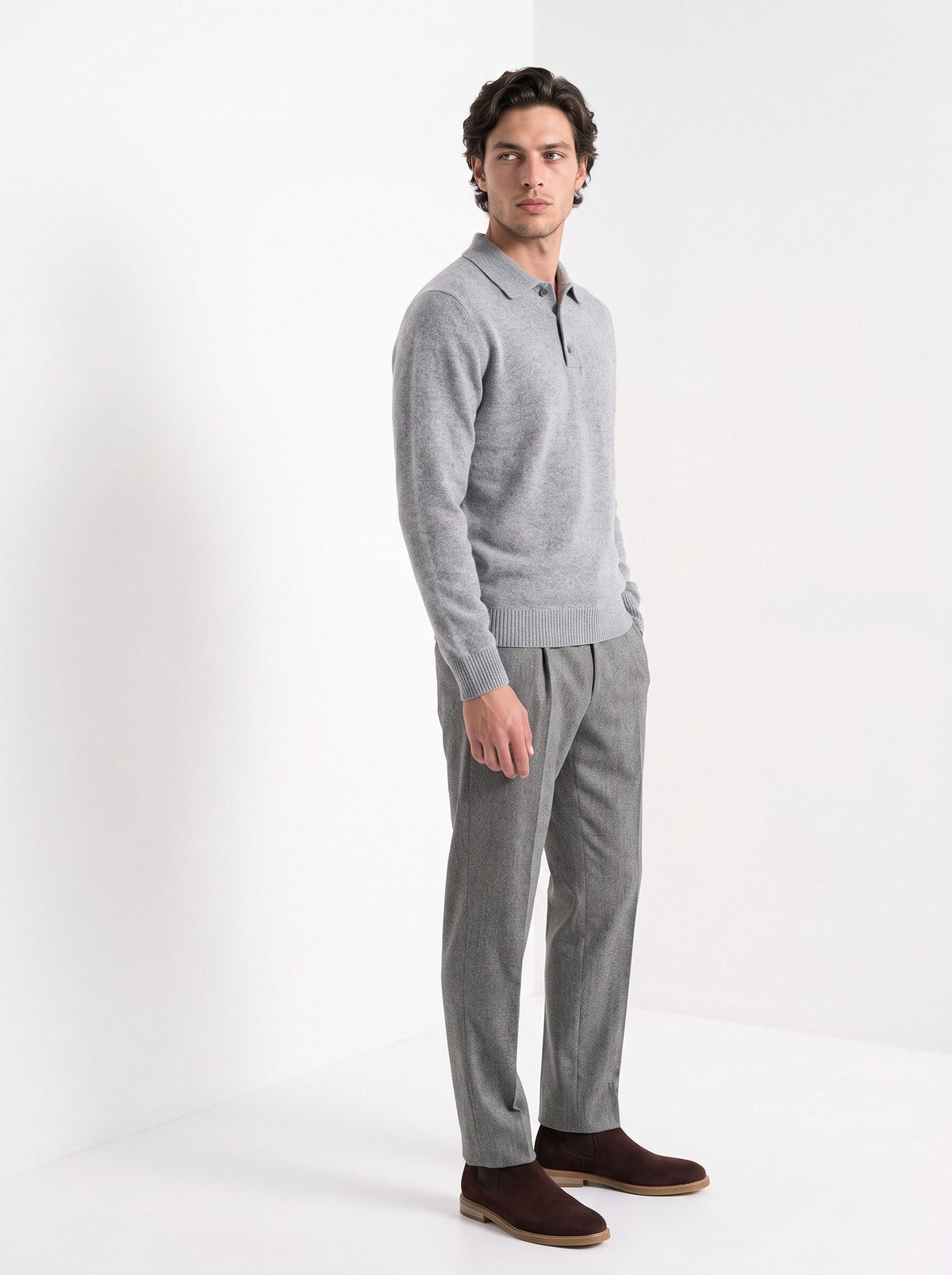 BLENIN men's brushed knit polo sweater in light grey, three-quarter view
