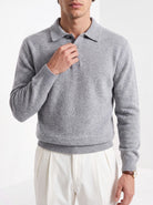 BLENIN men's brushed knit polo sweater in light grey, close-up of the details