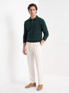 BLENIN men's brushed knit polo sweater in dark green, full-length front view
