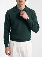 BLENIN men's brushed knit polo sweater in dark green, close-up of the details
