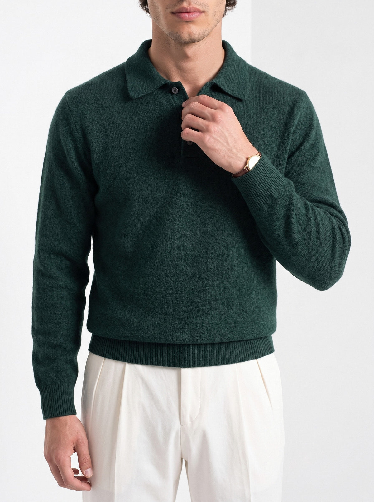 BLENIN men's brushed knit polo sweater in dark green, close-up of the details