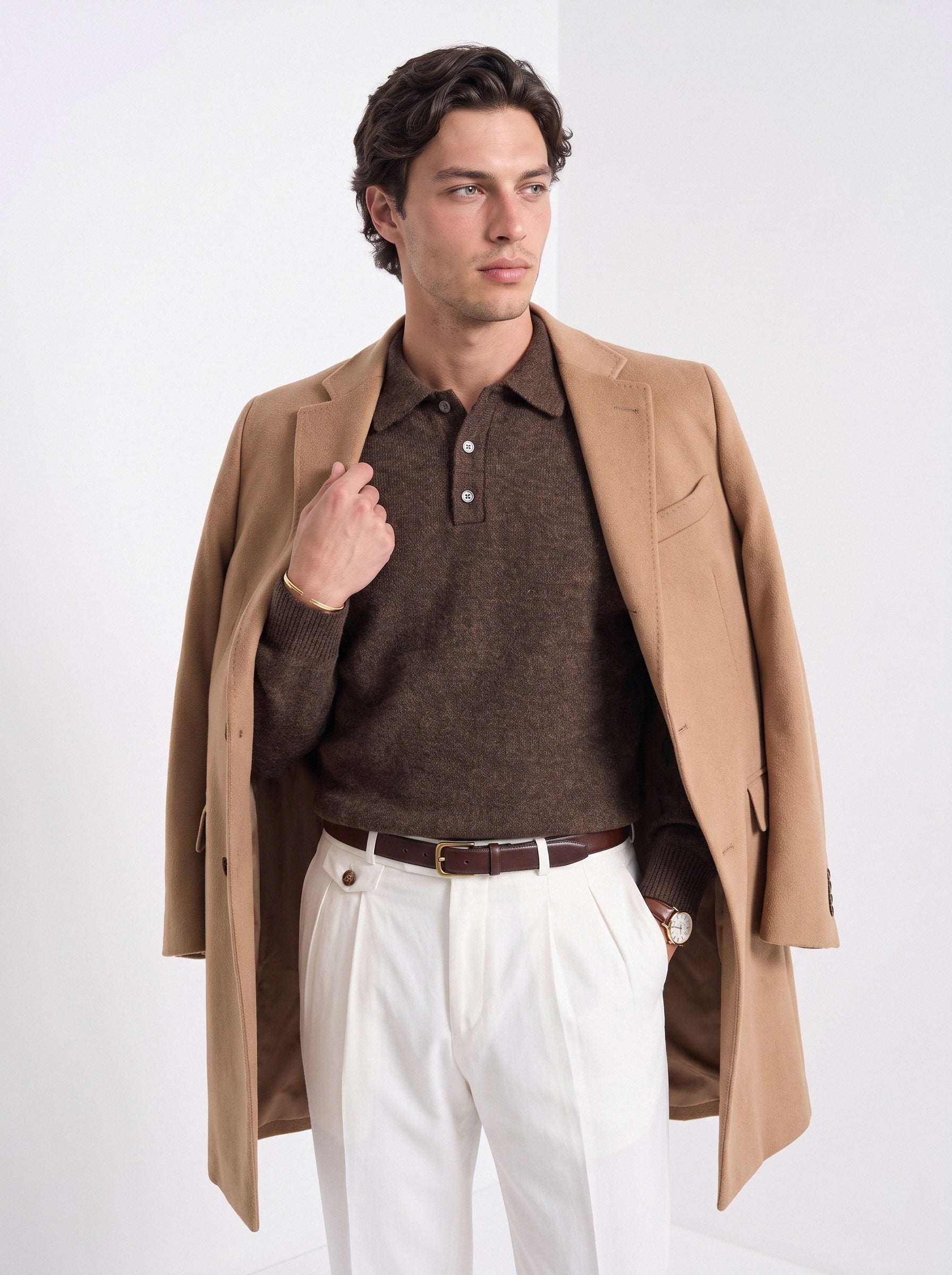 BLENIN men's brushed knit polo sweater in coffee, front portrait