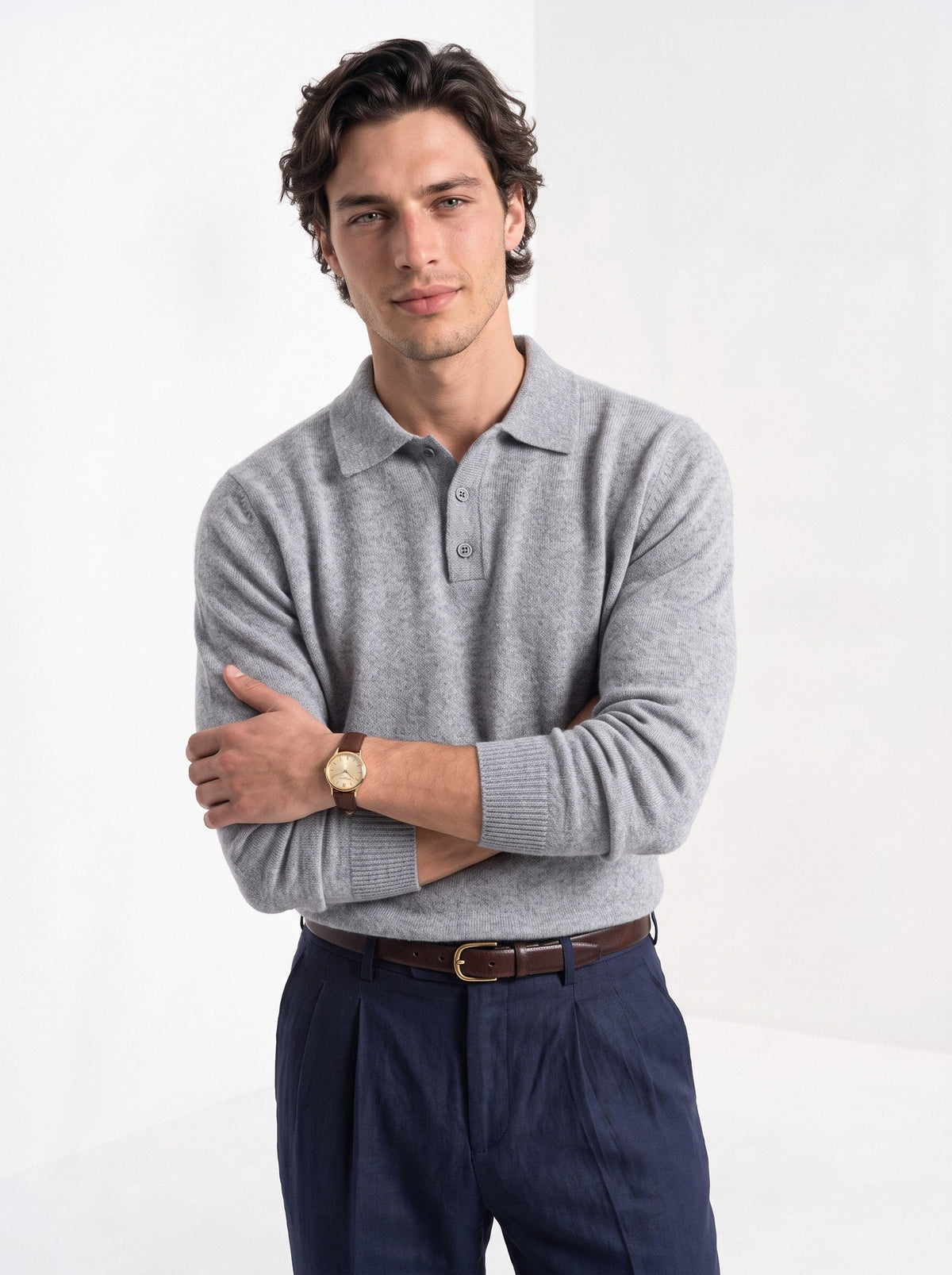 BLENIN men's brushed knit polo sweater in light grey, front portrait