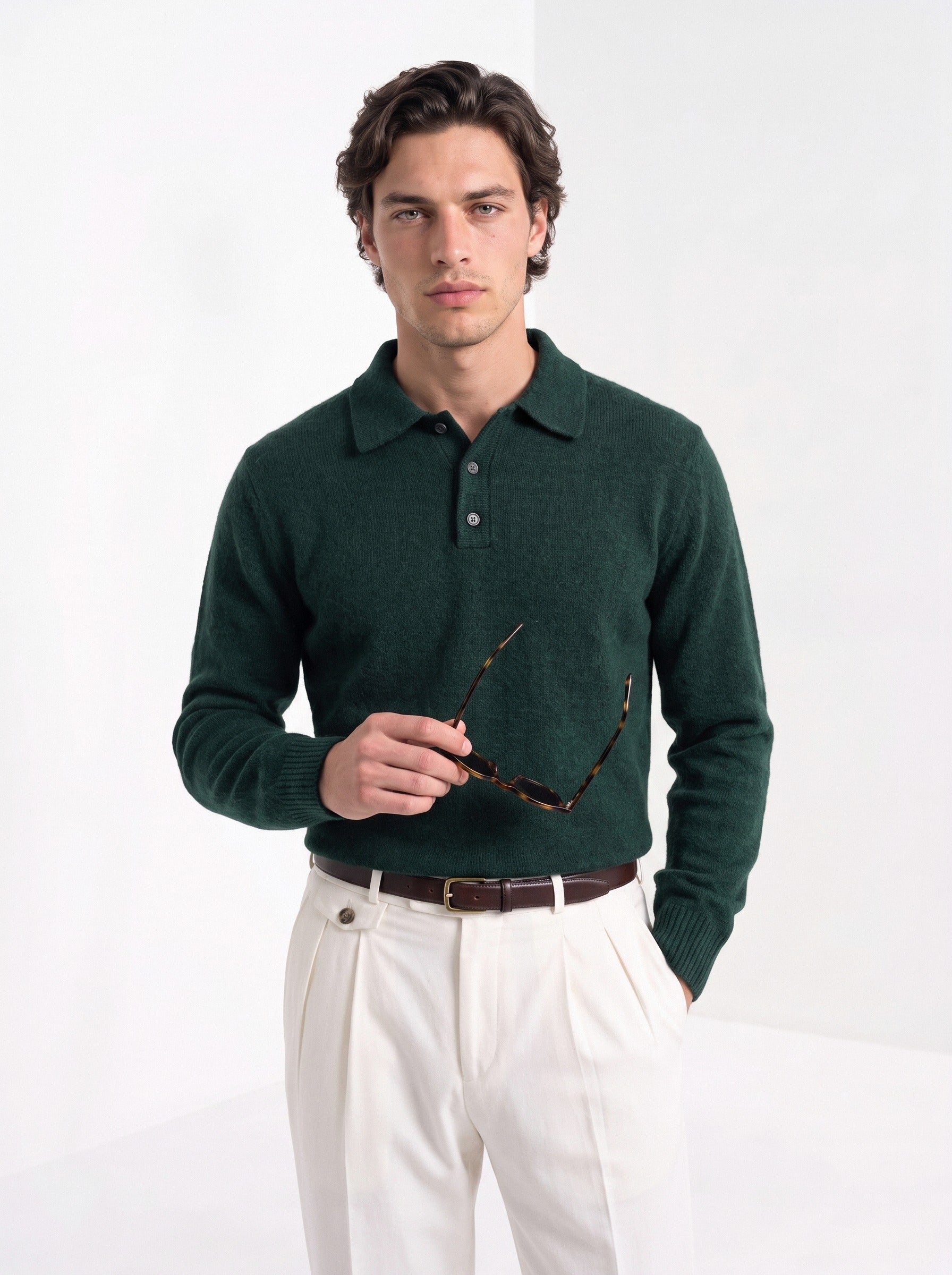 BLENIN men's brushed knit polo sweater in dark green, front portrait