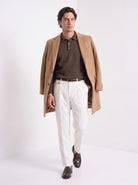 BLENIN men's brushed knit polo sweater in coffee, full-length look