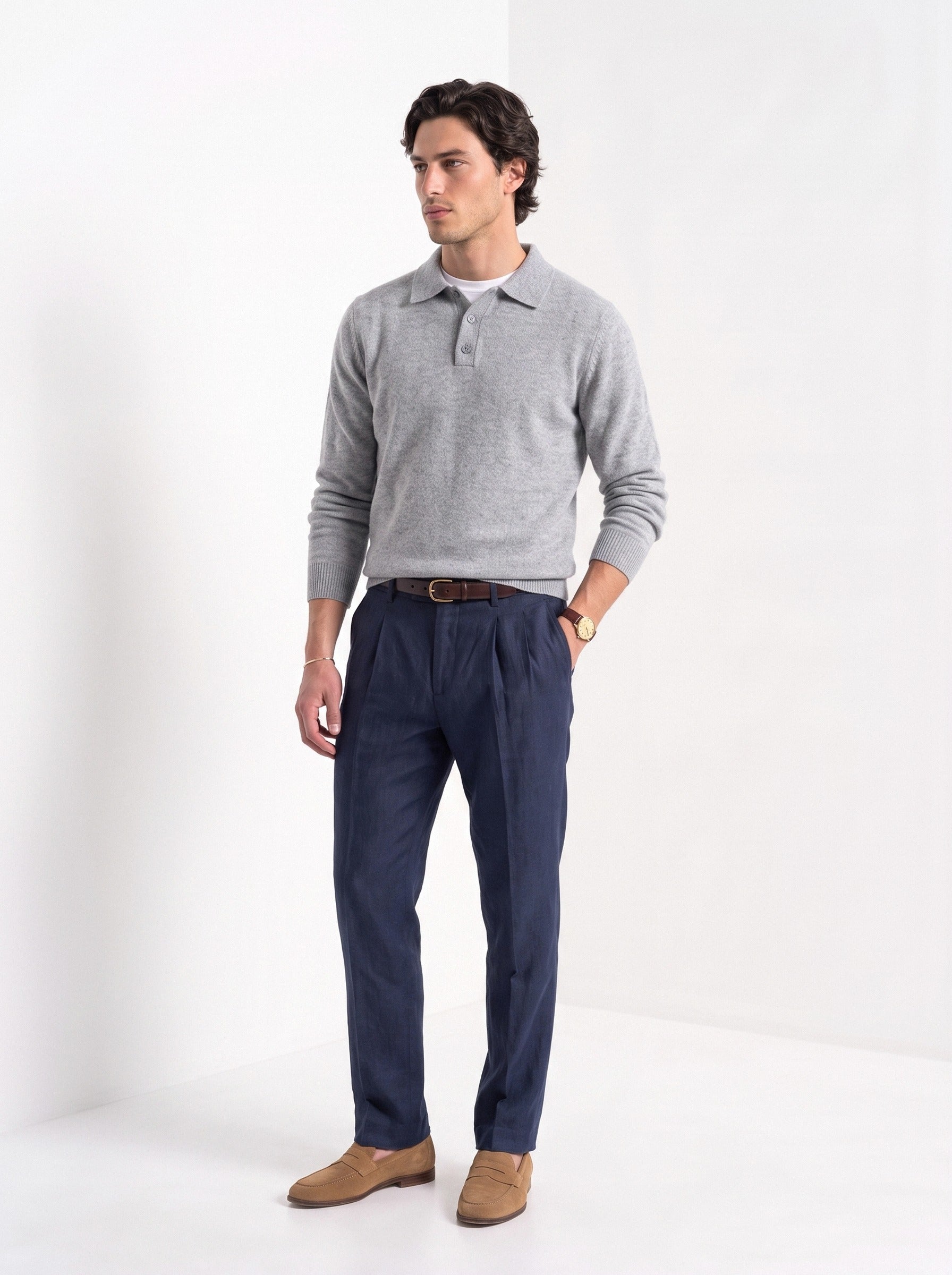 BLENIN men's brushed knit polo sweater in light grey, full-length look