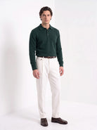 BLENIN men's brushed knit polo sweater in dark green, full-length look