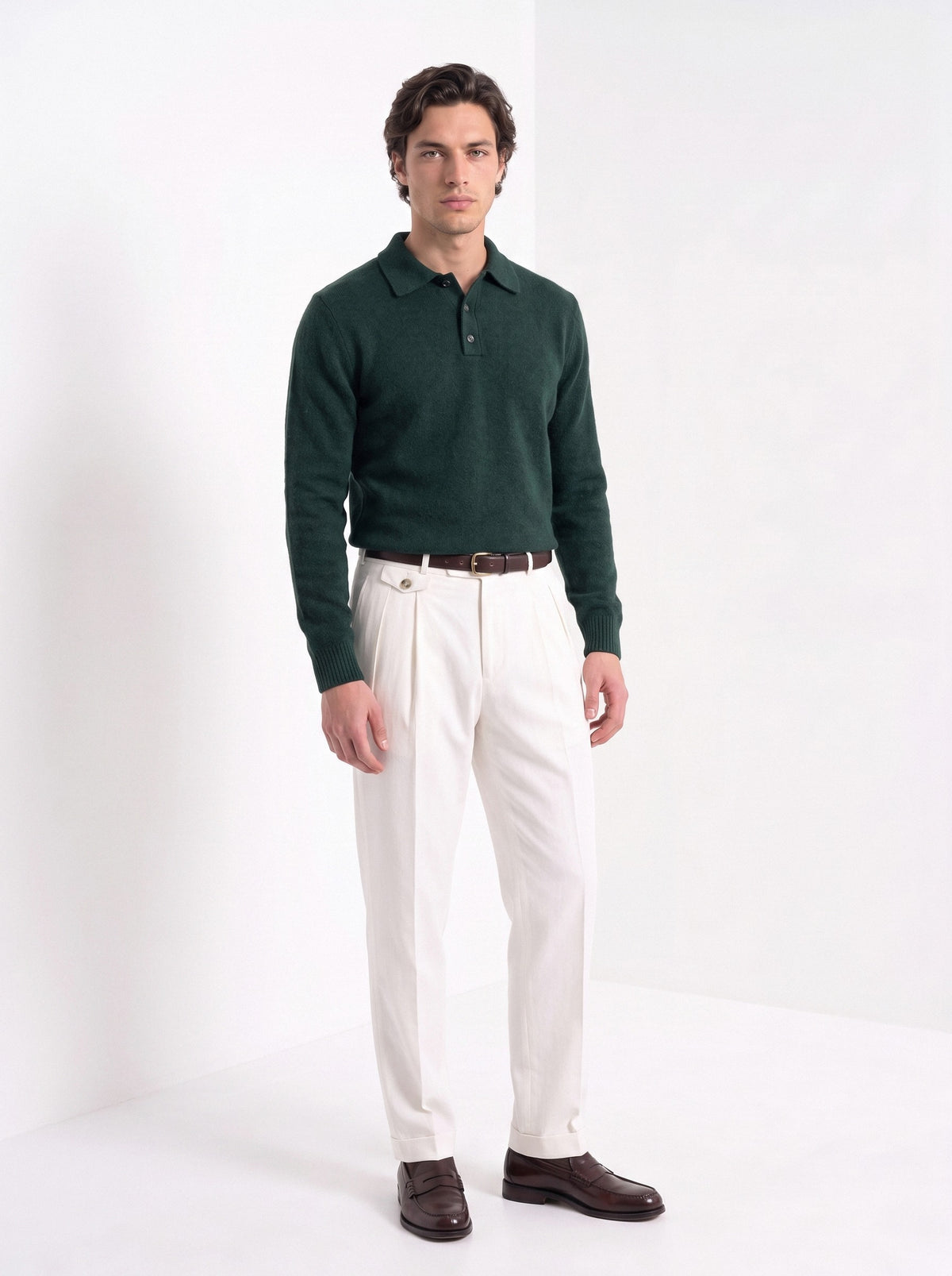 BLENIN men's brushed knit polo sweater in dark green, full-length look