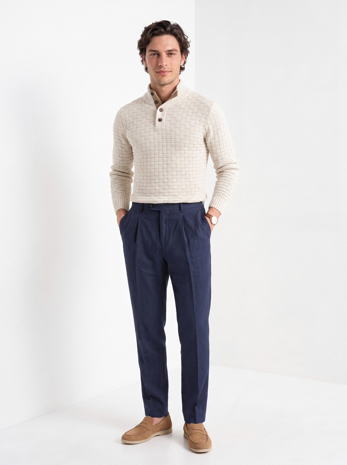 BLENIN men's basket weave button sweater in cream, full-length front view
