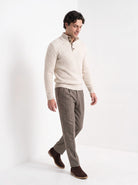 BLENIN men's basket weave button sweater in cream, full outfit, walking