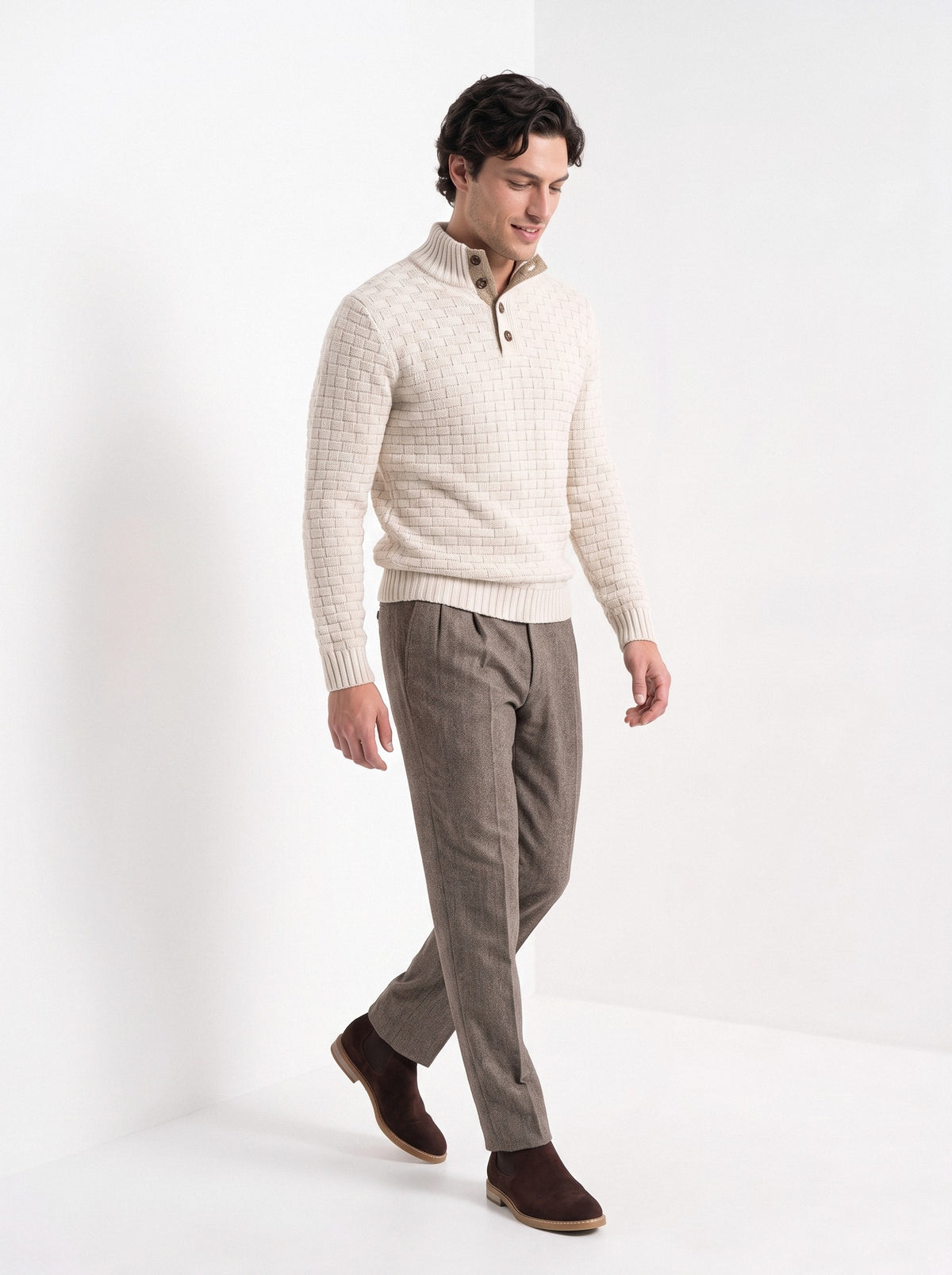BLENIN men's basket weave button sweater in cream, full outfit, walking