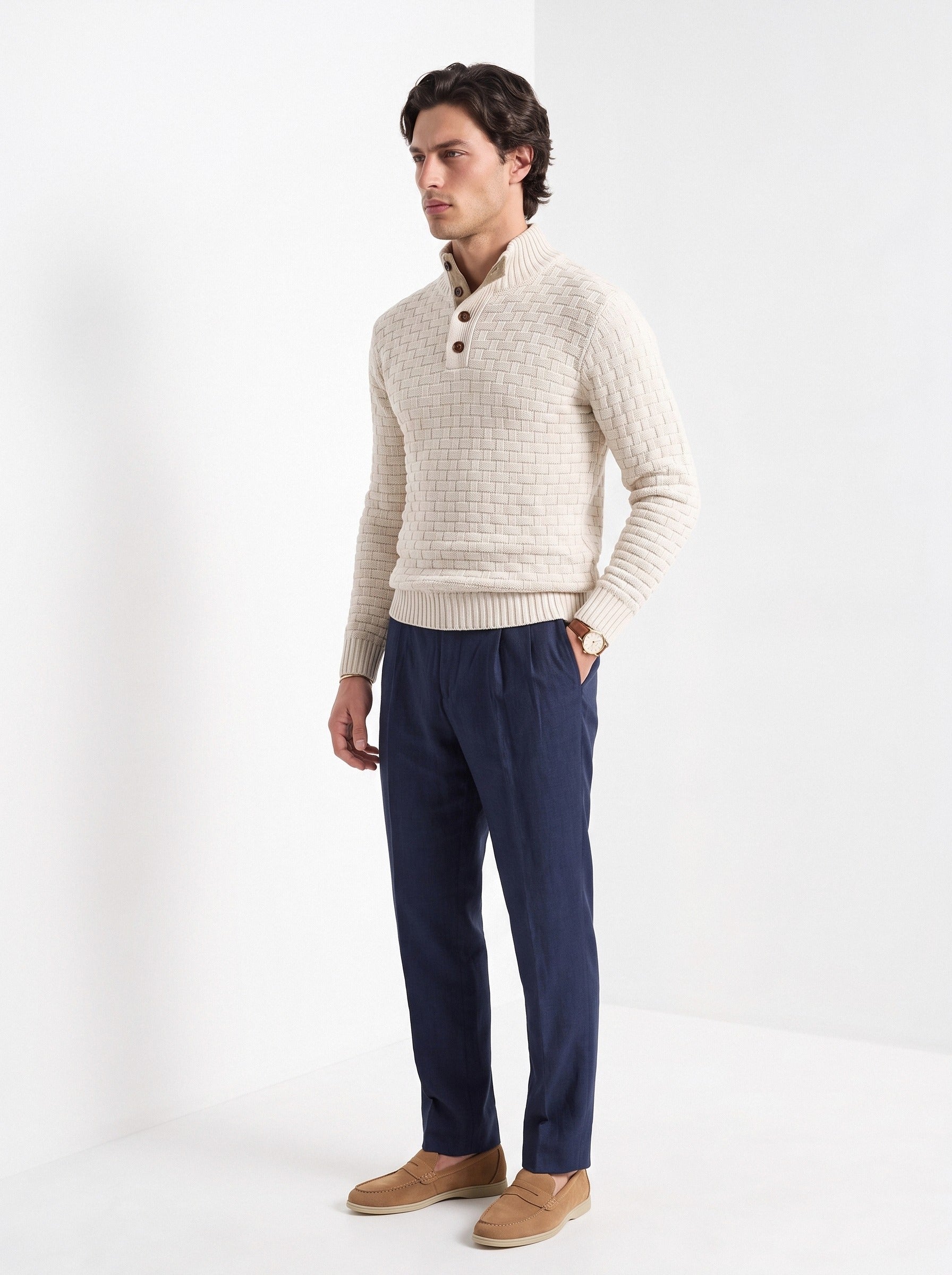 BLENIN men's basket weave button sweater in cream, three-quarter view