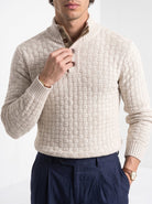 BLENIN men's basket weave button sweater in cream, close-up of the details