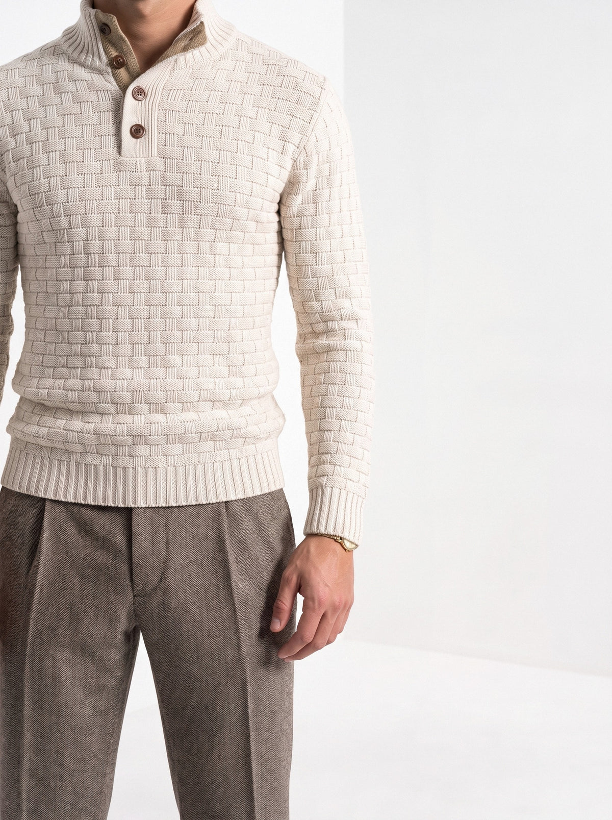 BLENIN men's basket weave button sweater in cream, fit detail