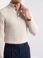 BLENIN men's basket weave button sweater in cream, styled detail